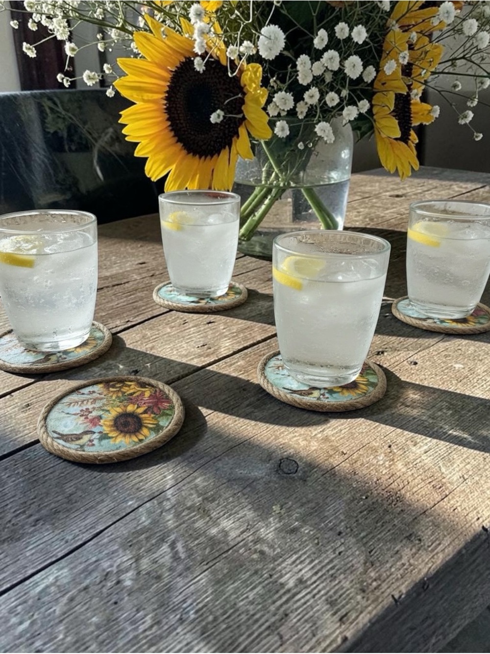 Hand Crafted Sunflower Round Drink Coasters - Yellow & Brown